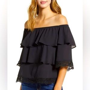 BEAUTIFUL BLACK GIBSON BLACK TIERED OFF THE SHOULDER TOP BLOUSE NWT RUFFLED